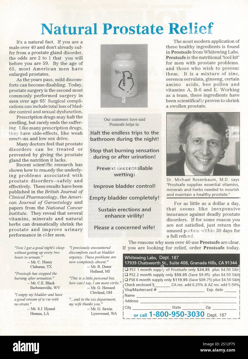 1995 Whitewing Labs Prostsafe Natural Prostate Relief ad Stock Photo