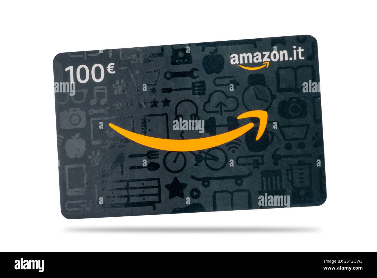 Italy - December 30, 2024: 100€ Amazon Gift Card isolated on white. Voucher with code to charge Amazon account Stock Photo