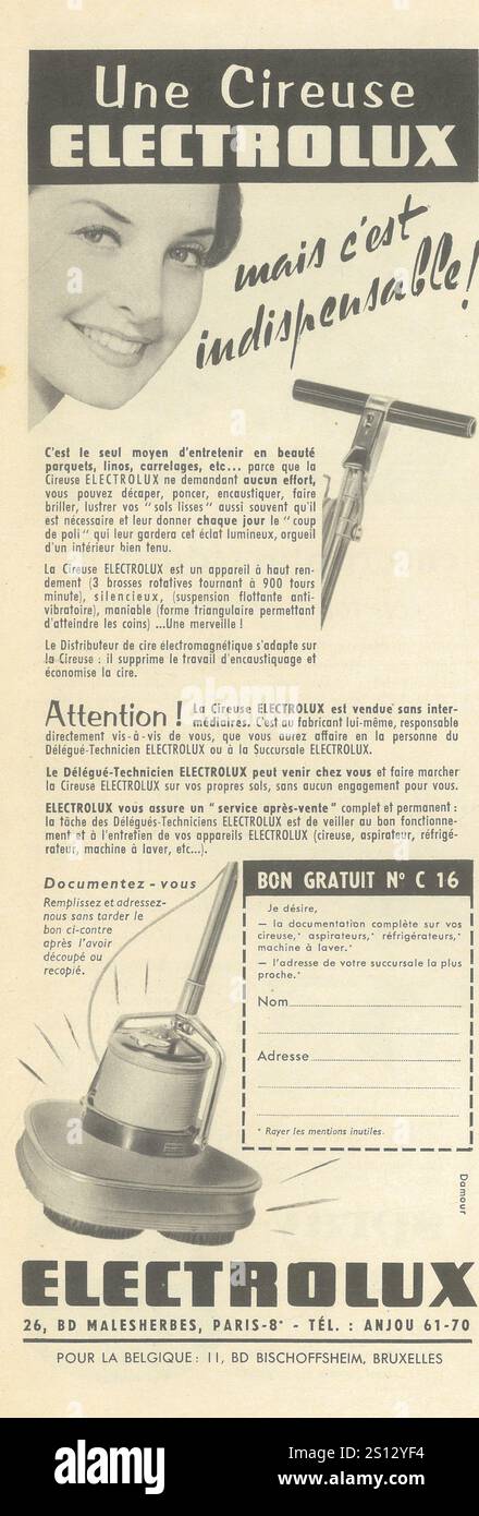 1959 French Electrolux floor polisher ad Stock Photo