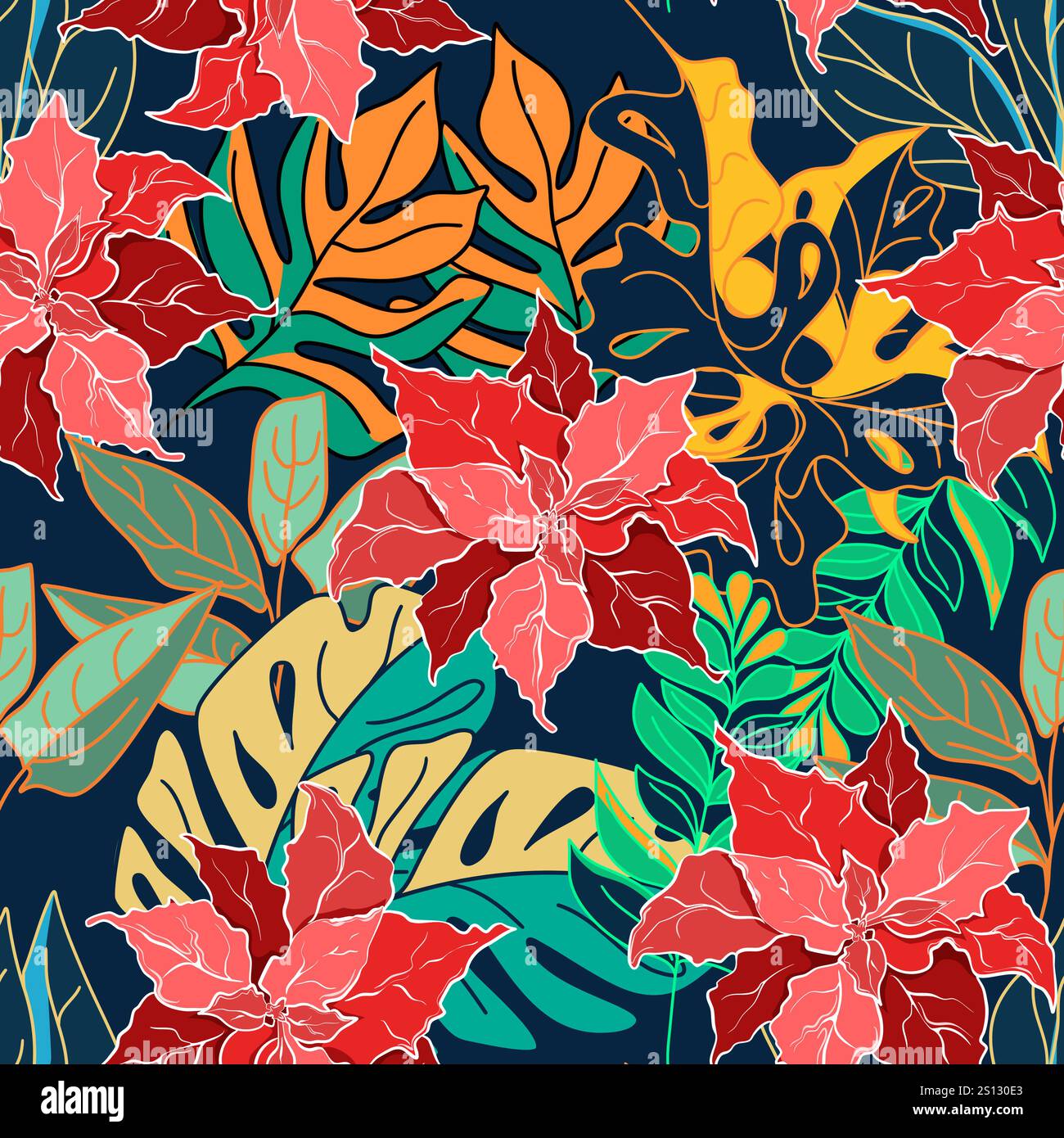 Seamless tropical pattern with poinsettia and exotic leaves vector pattern Stock Vector