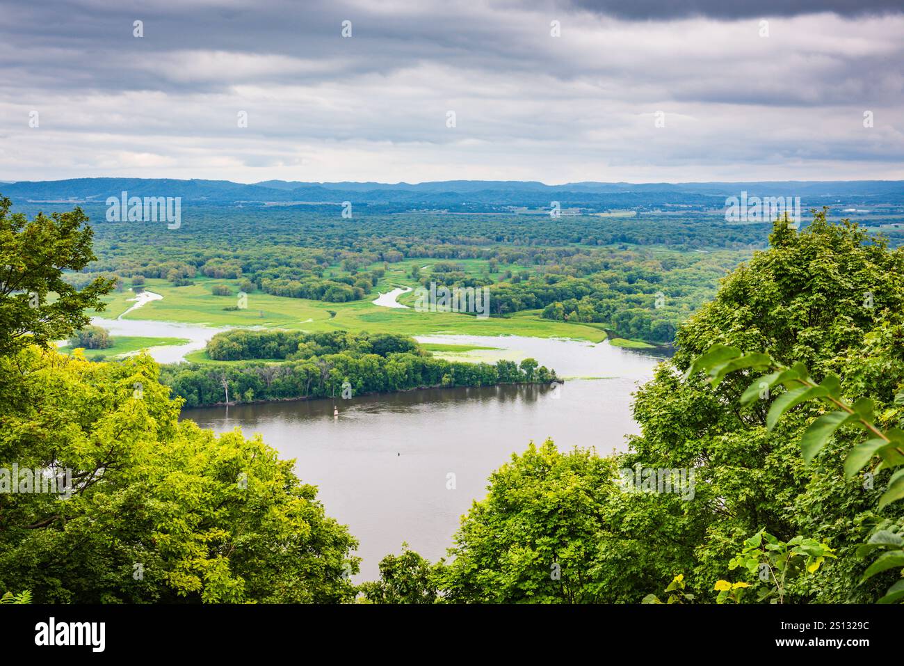 Scenic overlook from the Great River Bluffs State Park in Minnesota preserves steep-sided bluffs between Minnesota and Wisconsin. Stock Photo