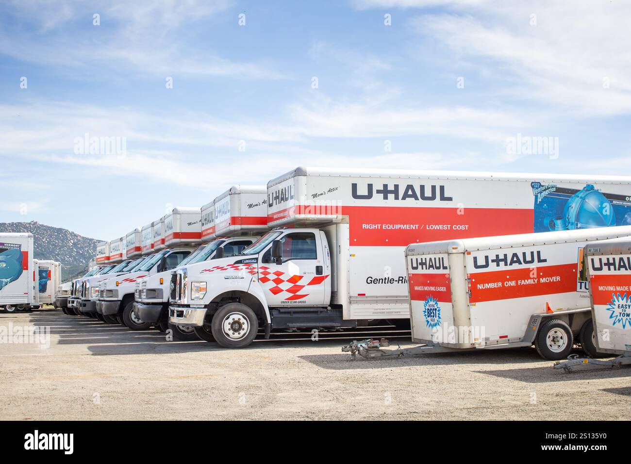 Los Angeles, California, United States - 04-08-2019: A view of several U-Haul trucks and trailers for rent. Stock Photo