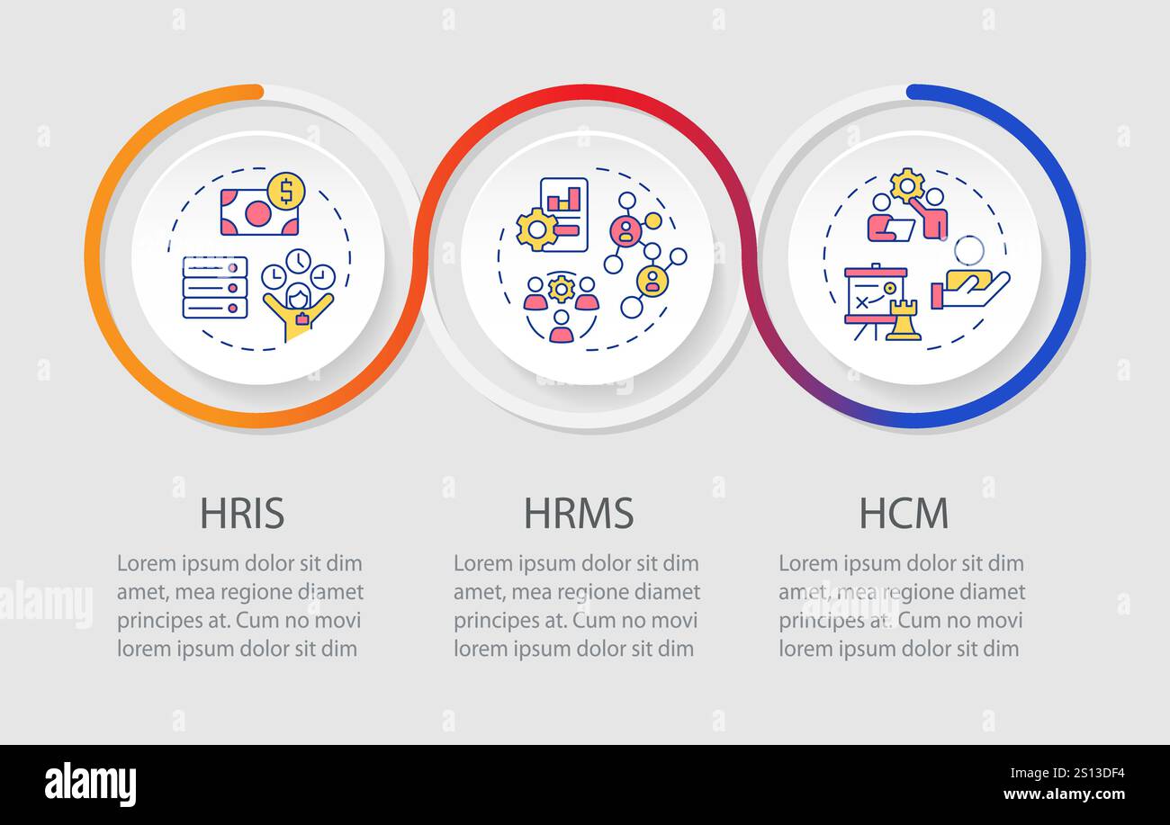 HRMS vs HRIS vs HCM infographics circles sequence Stock Vector