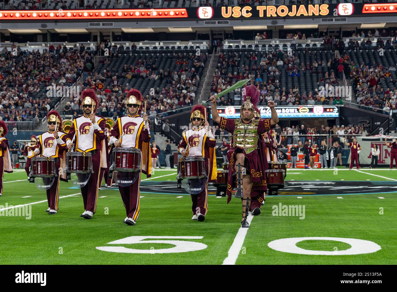 The USC Trojan Marching Band & Tommy Trojan mascot during a college football game between USC Trojans and Texas A&M Aggies at Allegiant Stadium on Dec Stock Photo