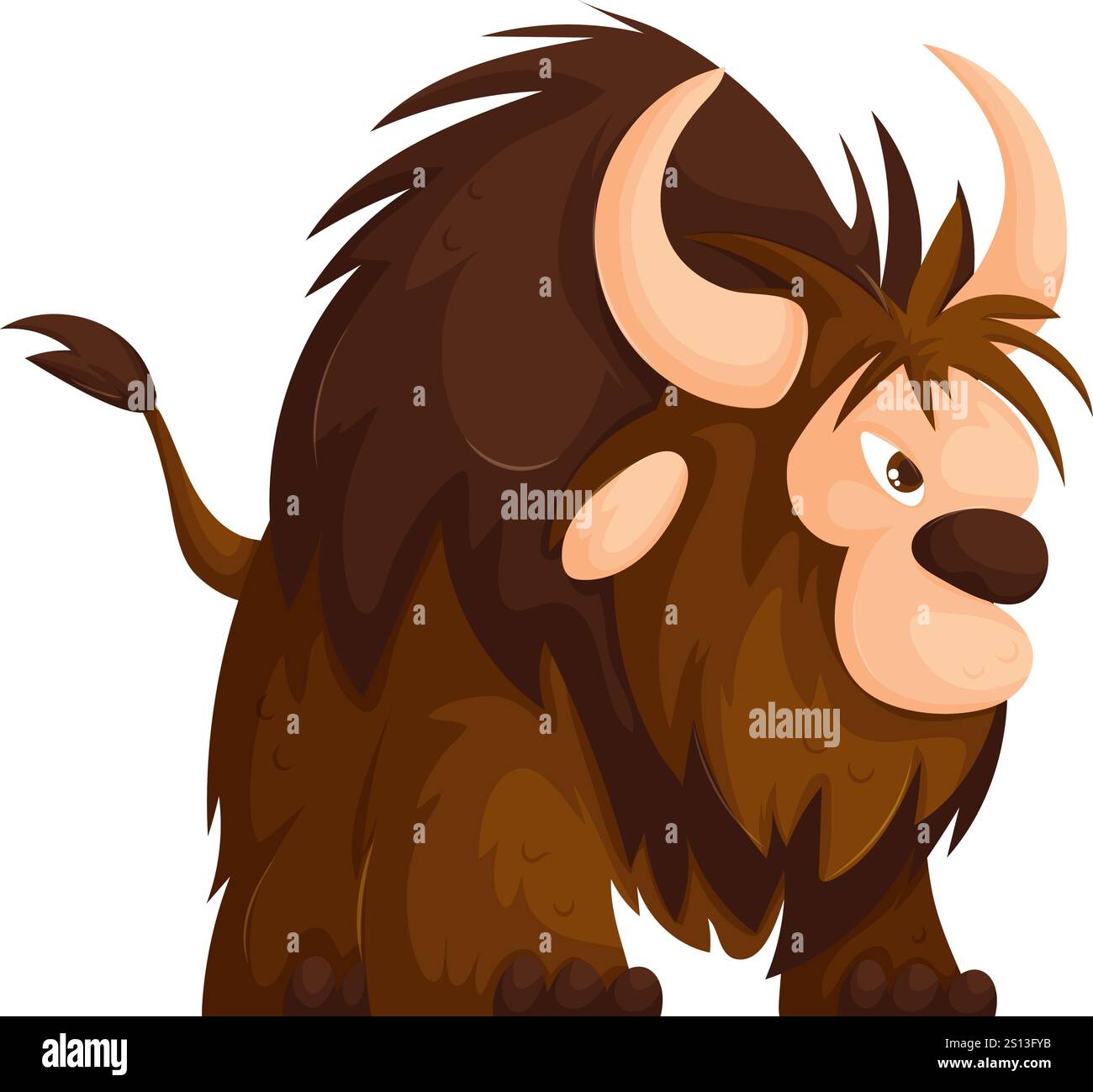 Playful cartoon yak with large horns and thick shaggy fur, illustrated in a colorful and cheerful style on a white background. Stock Vector