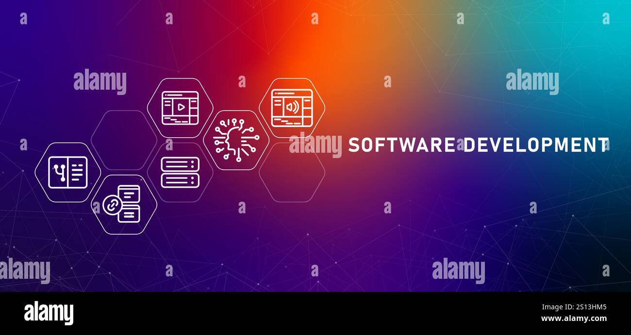 Software development service gradient header developer programming building application app and web based coding Stock Vector