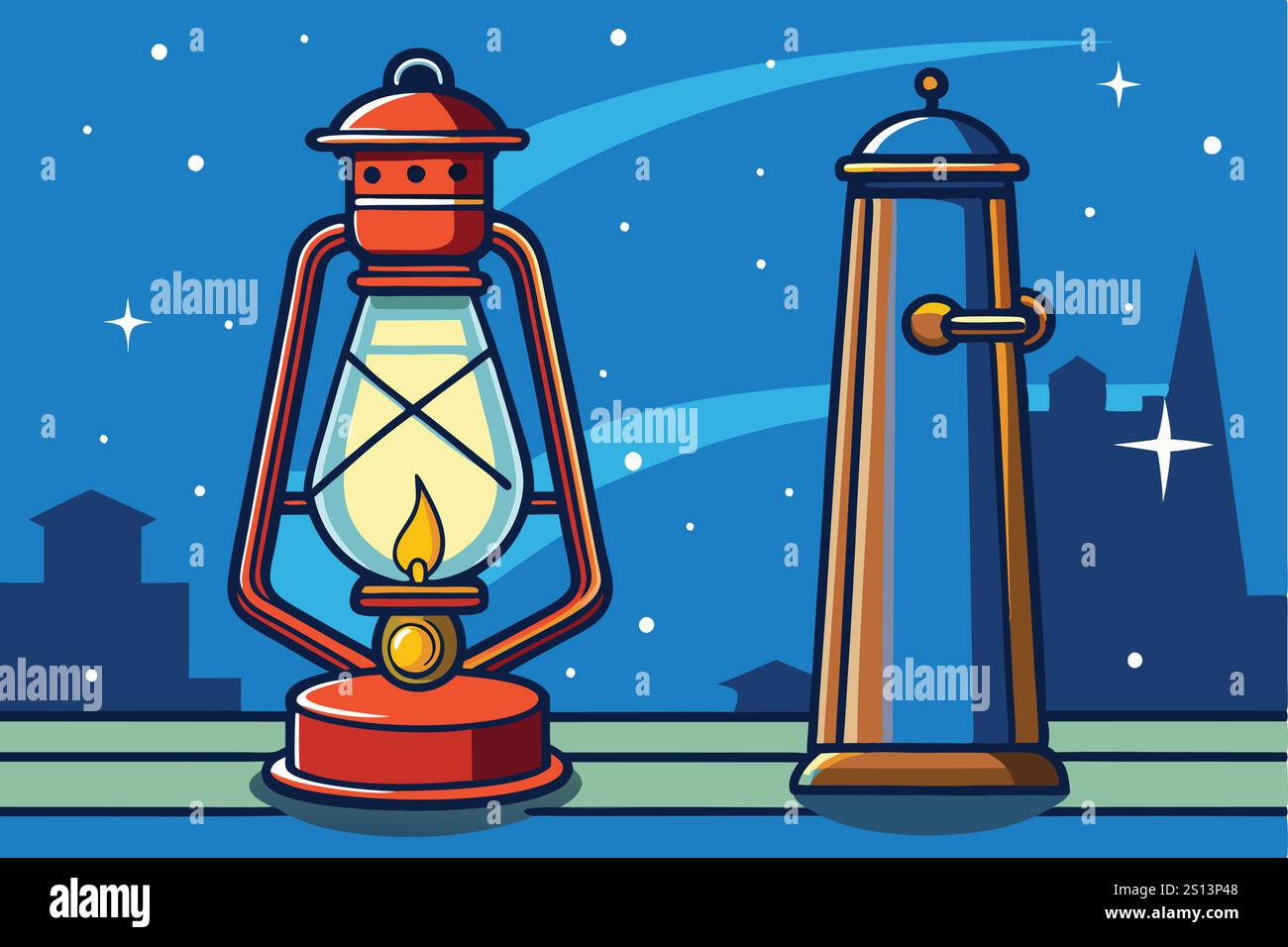 Creative vector artwork showing traditional lanterns contrasted with modern streetlights against a starry night background Stock Vector