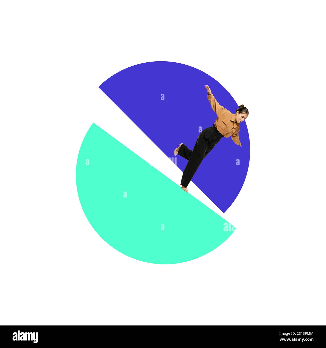 Poster. Contemporary art collage. Woman balancing on vibrant pie chart ...