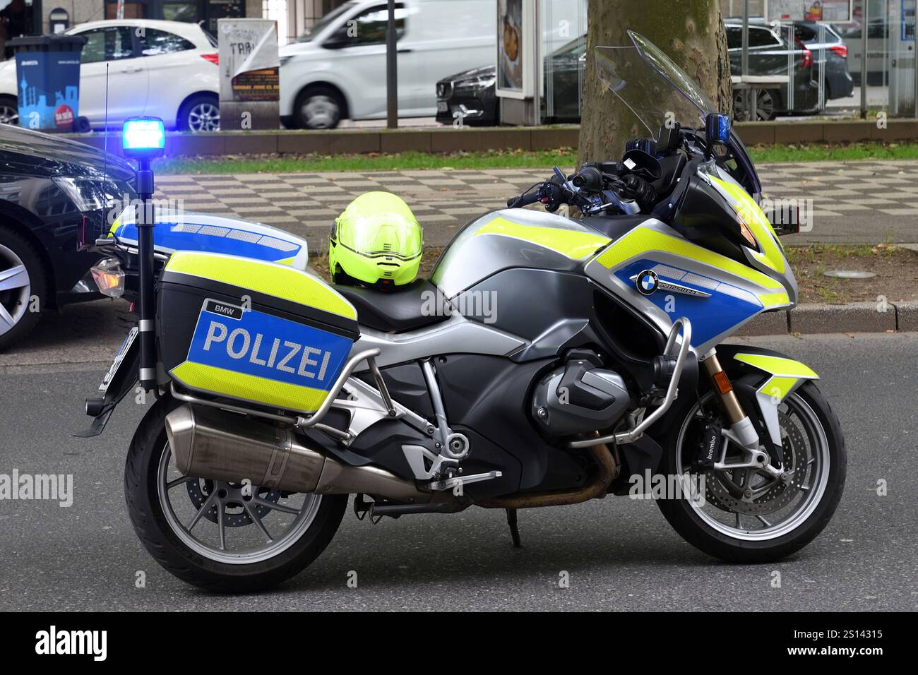 police motorbike, Germany, North Rhine-Westphalia, Lower Rhine, Dusseldorf Stock Photo