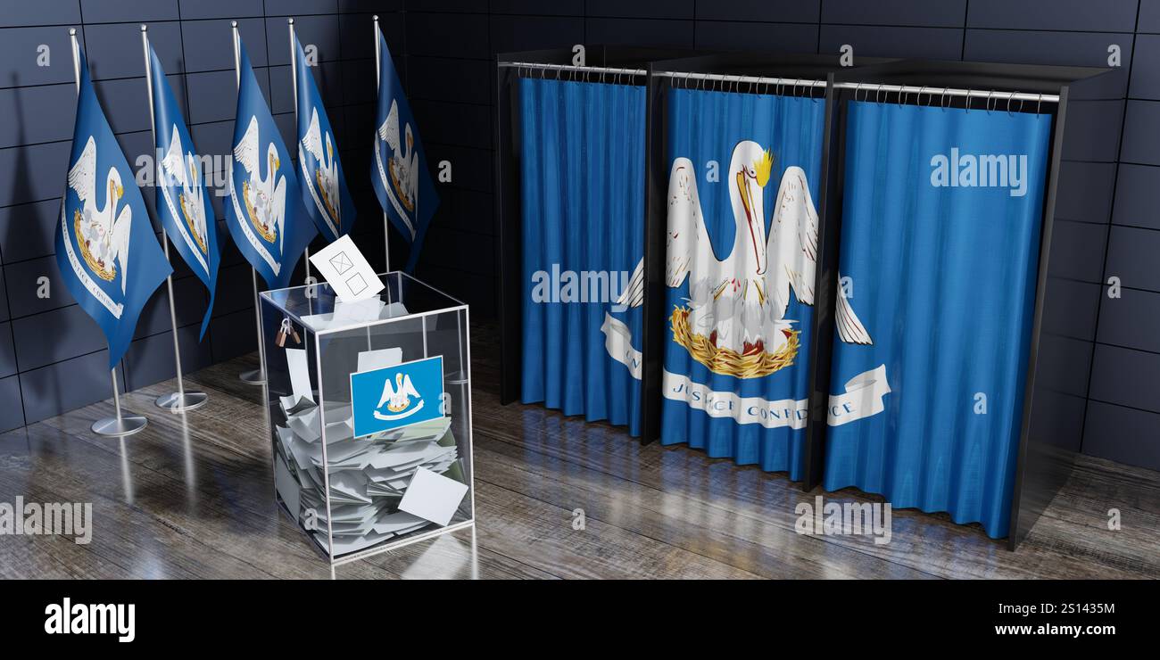Louisiana - voting cabin, ballot box and flags at polling station - 3D ...
