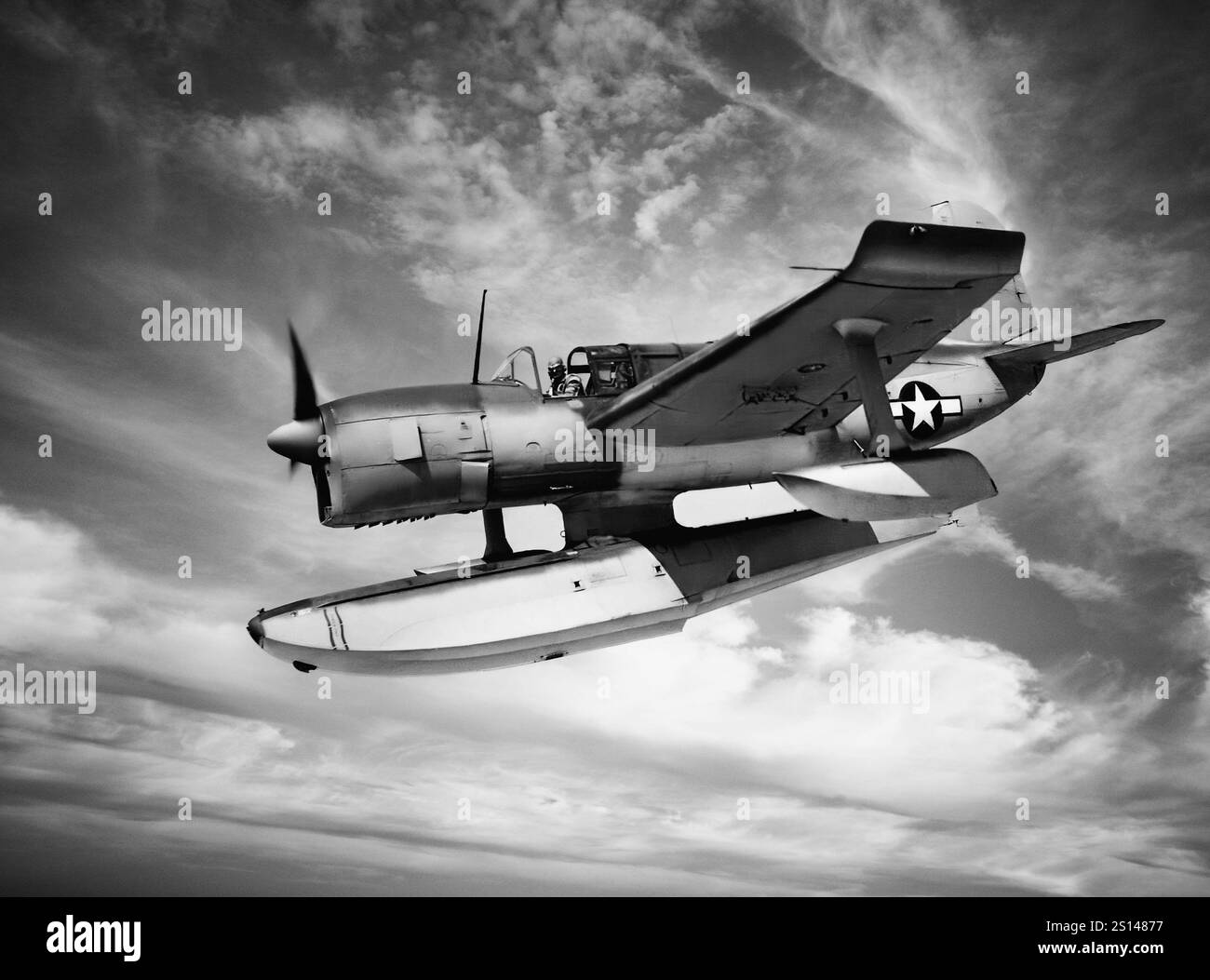 A Curtiss SO3C Seamew in flight. Developed as the United States Navy's standard floatplane scout, Curtiss named the SO3C the Seamew but in 1941 the US Navy began calling it by the name Seagull, the same name as the aircraft it replaced (the Curtiss SOC biplane), causing some confusion. The British Royal Navy kept the Curtiss name, Seamew, for the SO3Cs that they ordered. One of the US Navy's main design requirements was that the SOC Seagull's replacement had to be able to operate both from ocean vessels with a single centre float and land bases with wheeled landing gear. Stock Photo