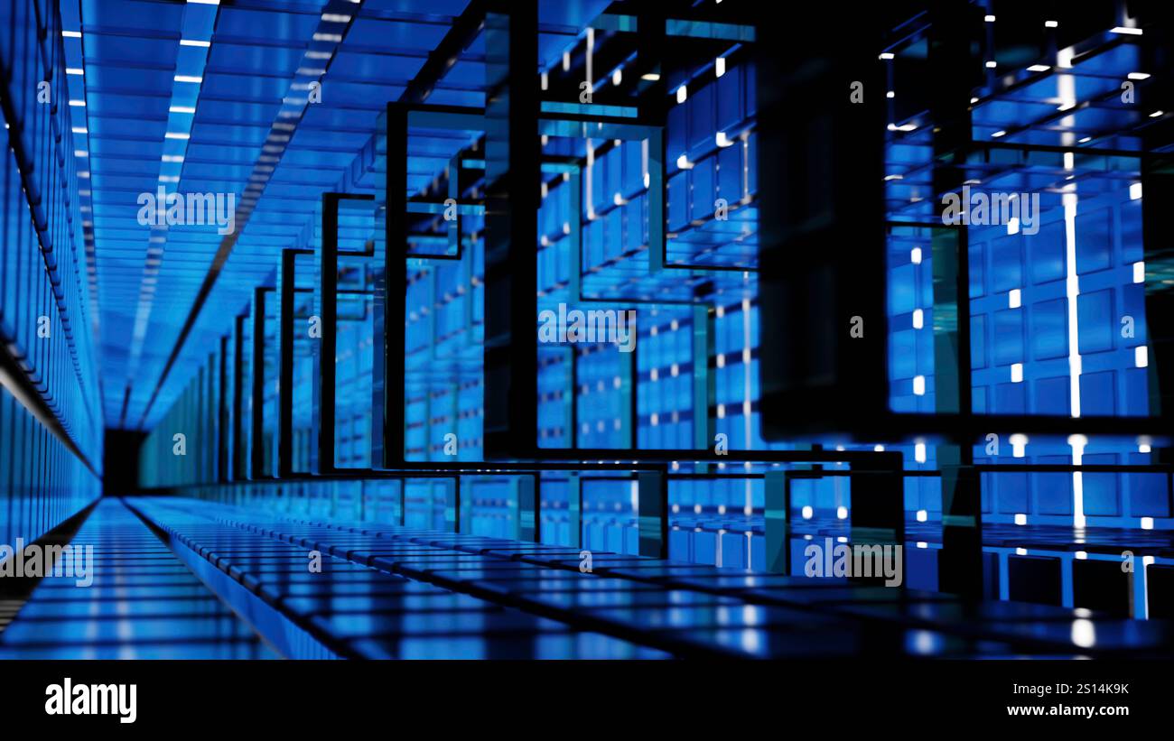 A video shows a futuristic data center with vibrant blue lights. Design ...