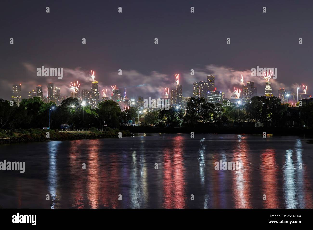 Melbourne, Australia, 01 Jan, 2025. Fireworks from the rooftop of