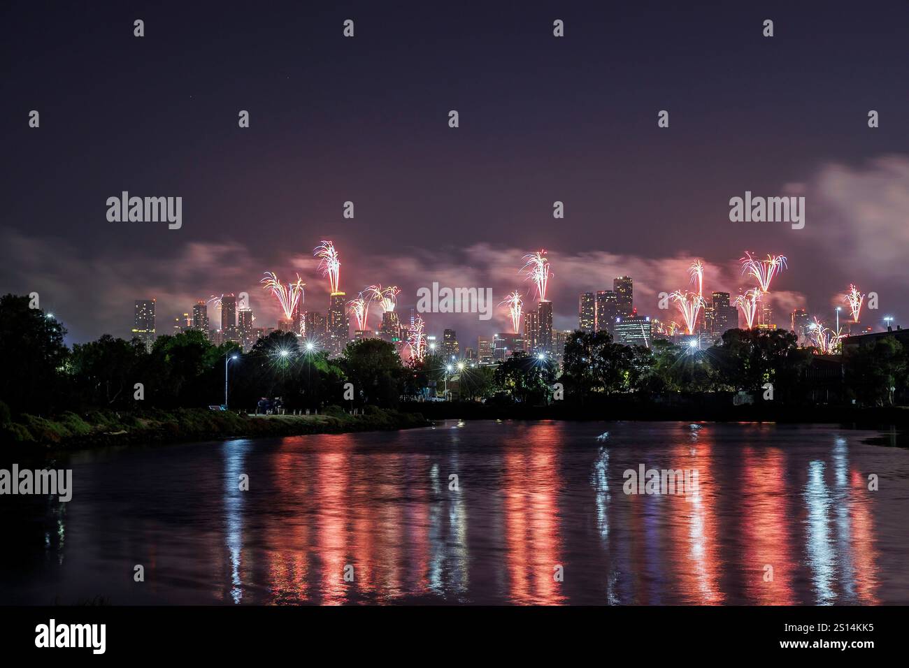 Melbourne, Australia, 01 Jan, 2025. Fireworks from the rooftop of