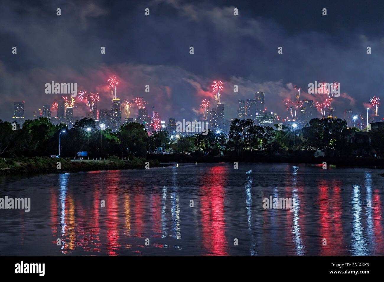 Melbourne, Australia, 01 Jan, 2025. Fireworks from the rooftop of