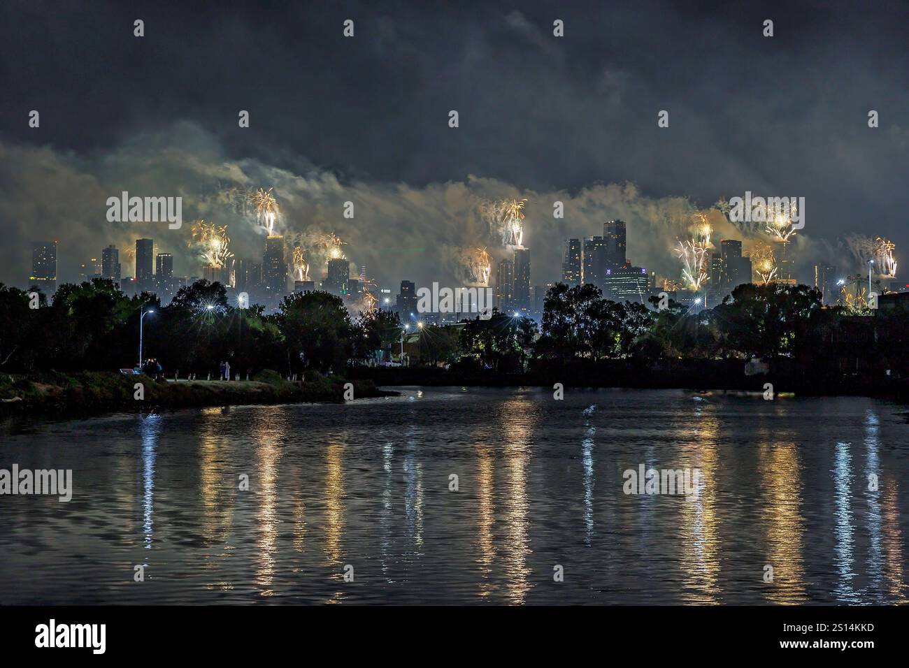 Melbourne, Australia, 01 Jan, 2025. Fireworks from the rooftop of
