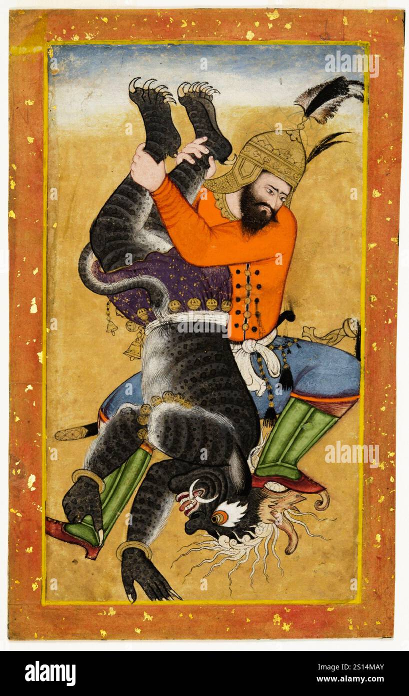 Rustam Kills a Demon. Attributed to Mahesha.  c. 1575. Stock Photo