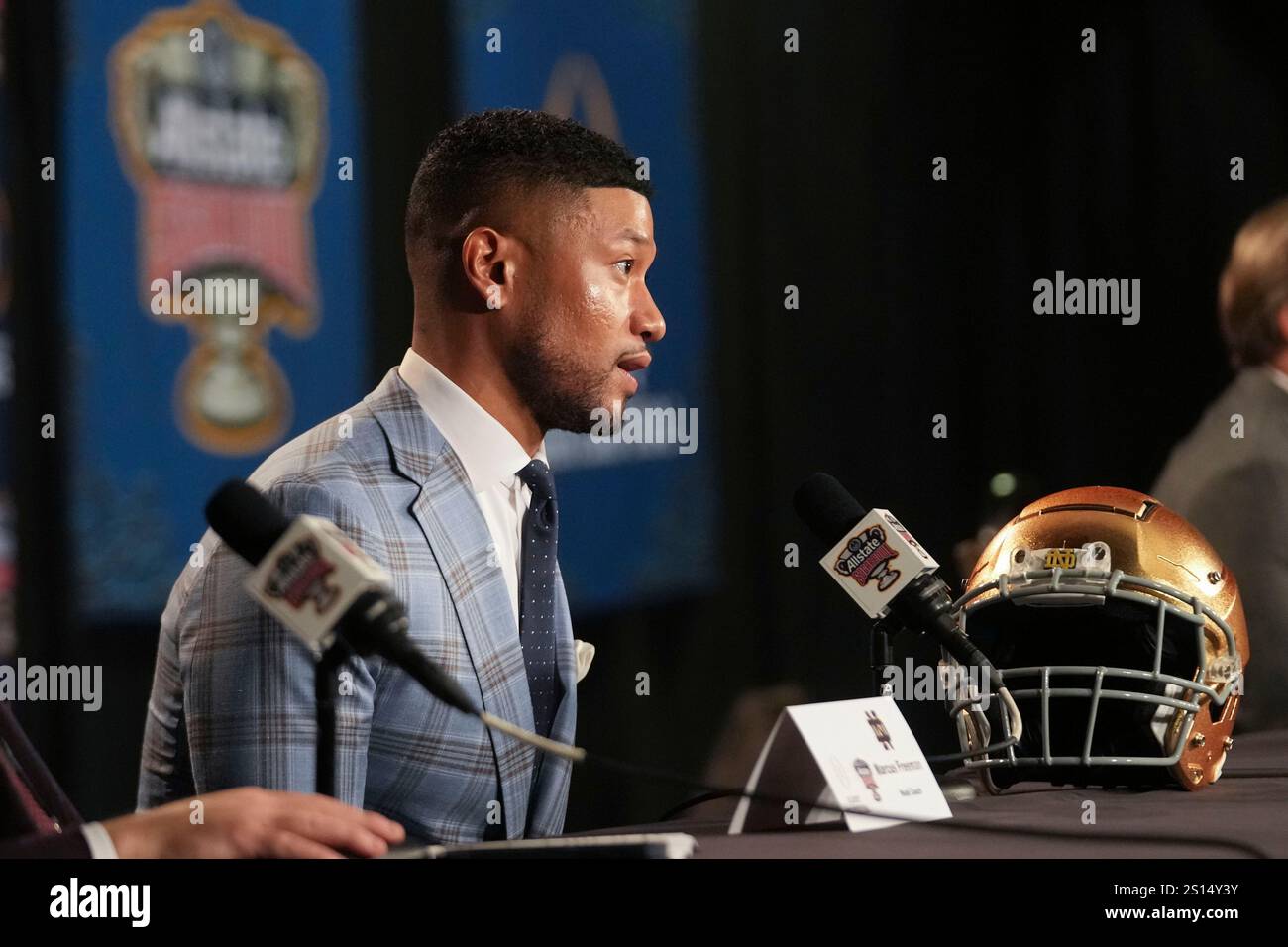 Notre Dame head coach Marcus Freeman speaks to reporters in New Orleans