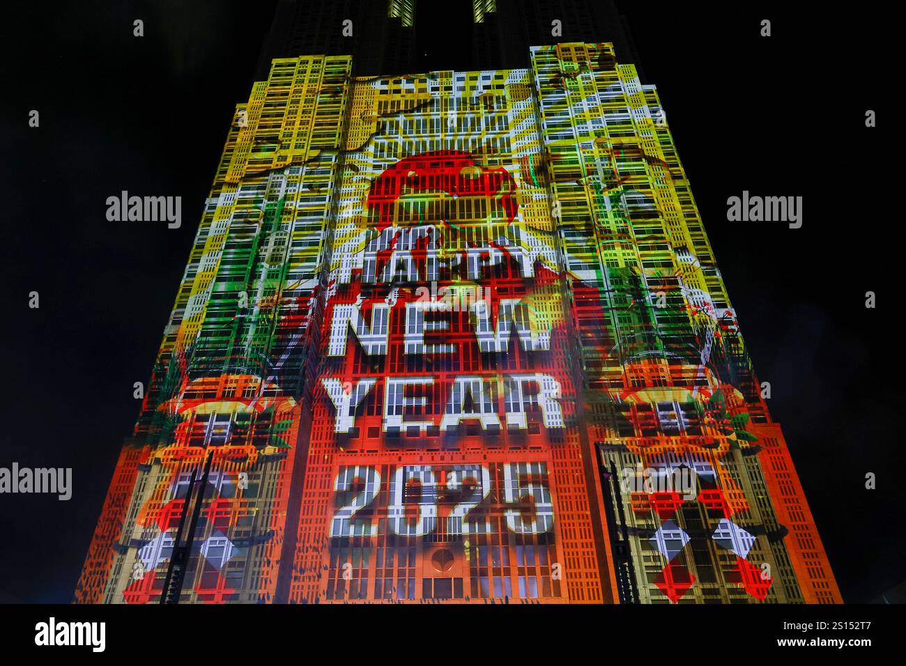 Tokyo, Japan. 1st Jan, 2025. Happy New Year 2025 message is seen at the Tokyo Metropolitan Government building. The capital government organized the ''Happy New Year Tokyo 2025'' countdown event outside the Tokyo Metropolitan Government building to wait and celebrate the upcoming New Year. (Credit Image: © Rodrigo Reyes Marin/ZUMA Press Wire) EDITORIAL USAGE ONLY! Not for Commercial USAGE! Credit: ZUMA Press, Inc./Alamy Live News Stock Photo