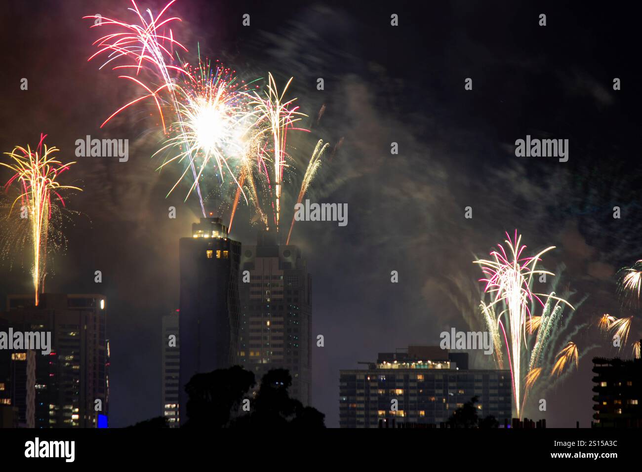 View of fireworks over the city center of Melbourne marking the
