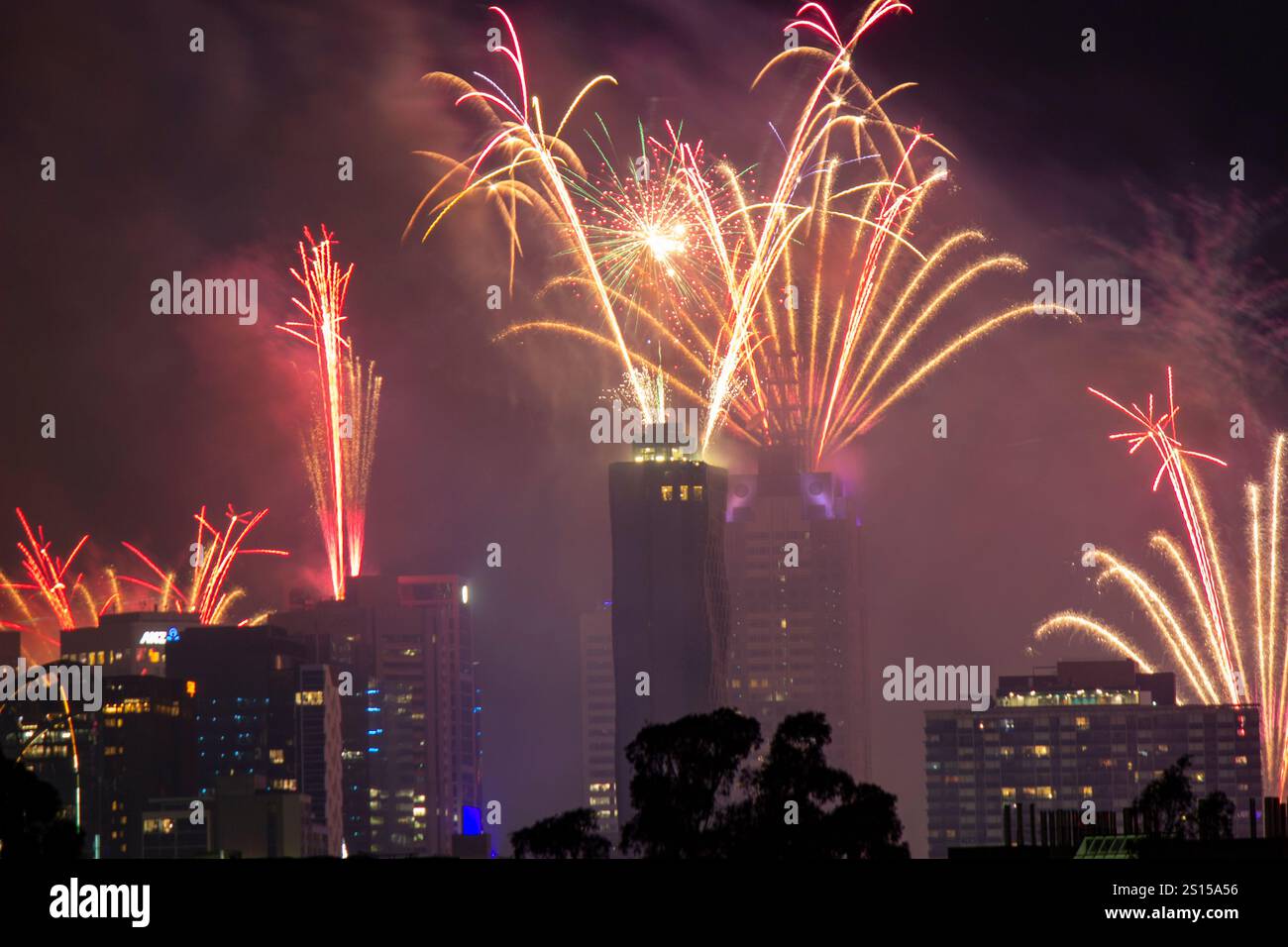 View of fireworks over the city center of Melbourne marking the