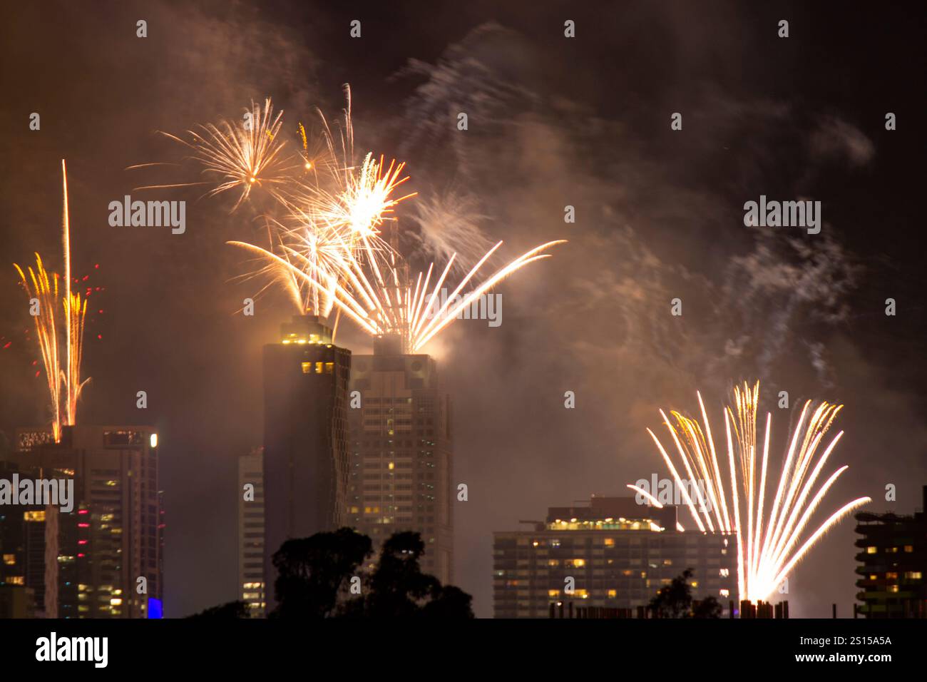 View of fireworks over the city center of Melbourne marking the