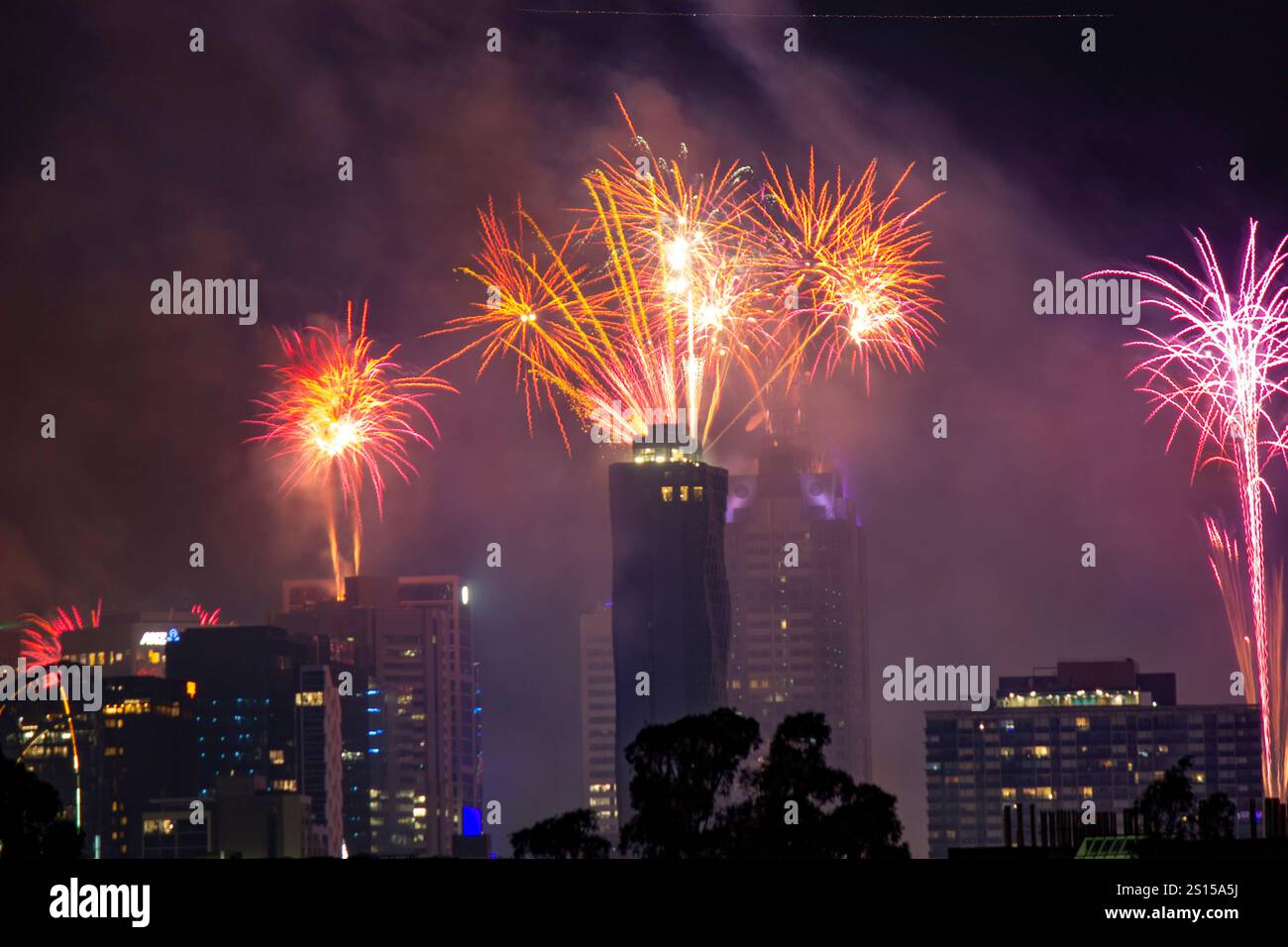 View of fireworks over the city center of Melbourne marking the