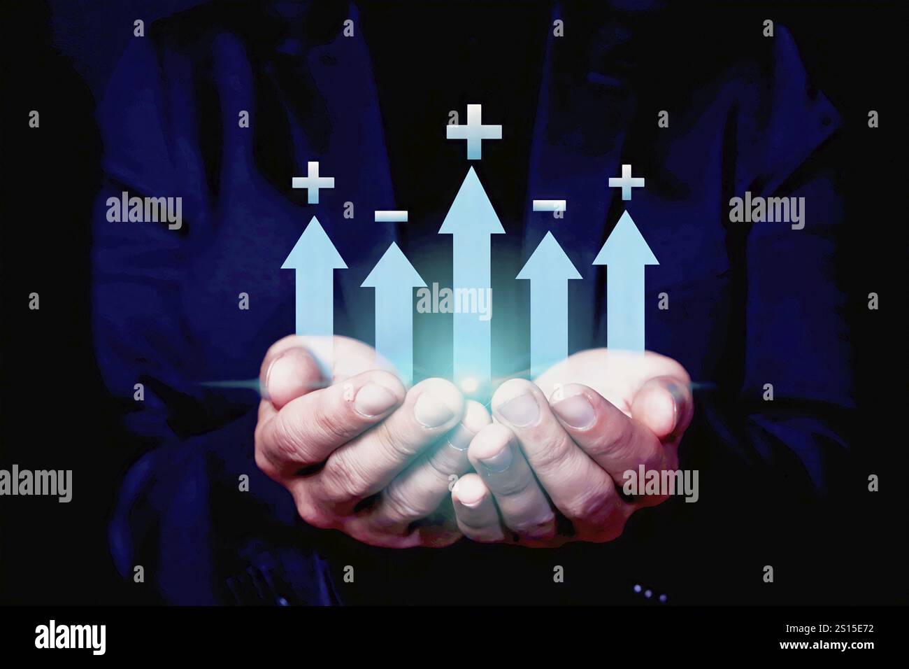 Individual showcasing a holographic projection of upward arrows and pluses, denoting growth and success Stock Photo