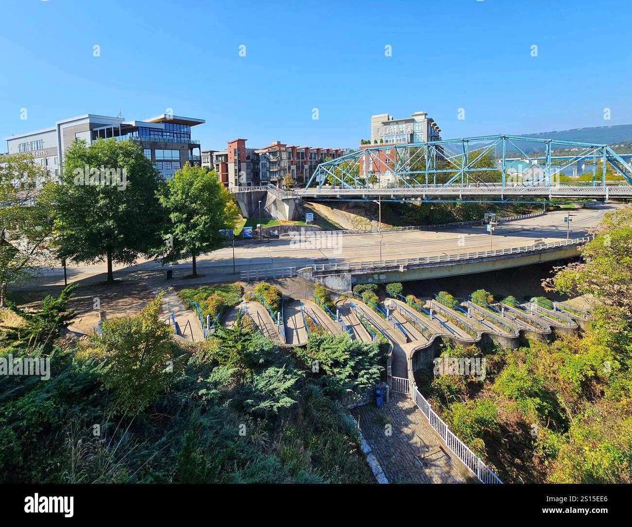 Zig Zag walkway in downtown Chattanooga, Tennessee.  The walkway provides pedestrian and wheelchair access down the hillside on the Tennessee River. - Smartphone Captured Stock Image
