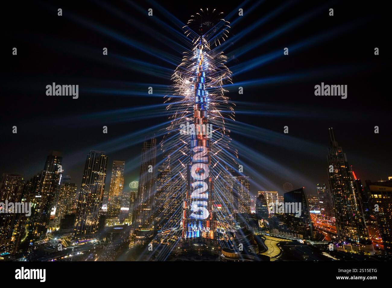 Fireworks explode at the Burj Khalifa, the world's tallest building