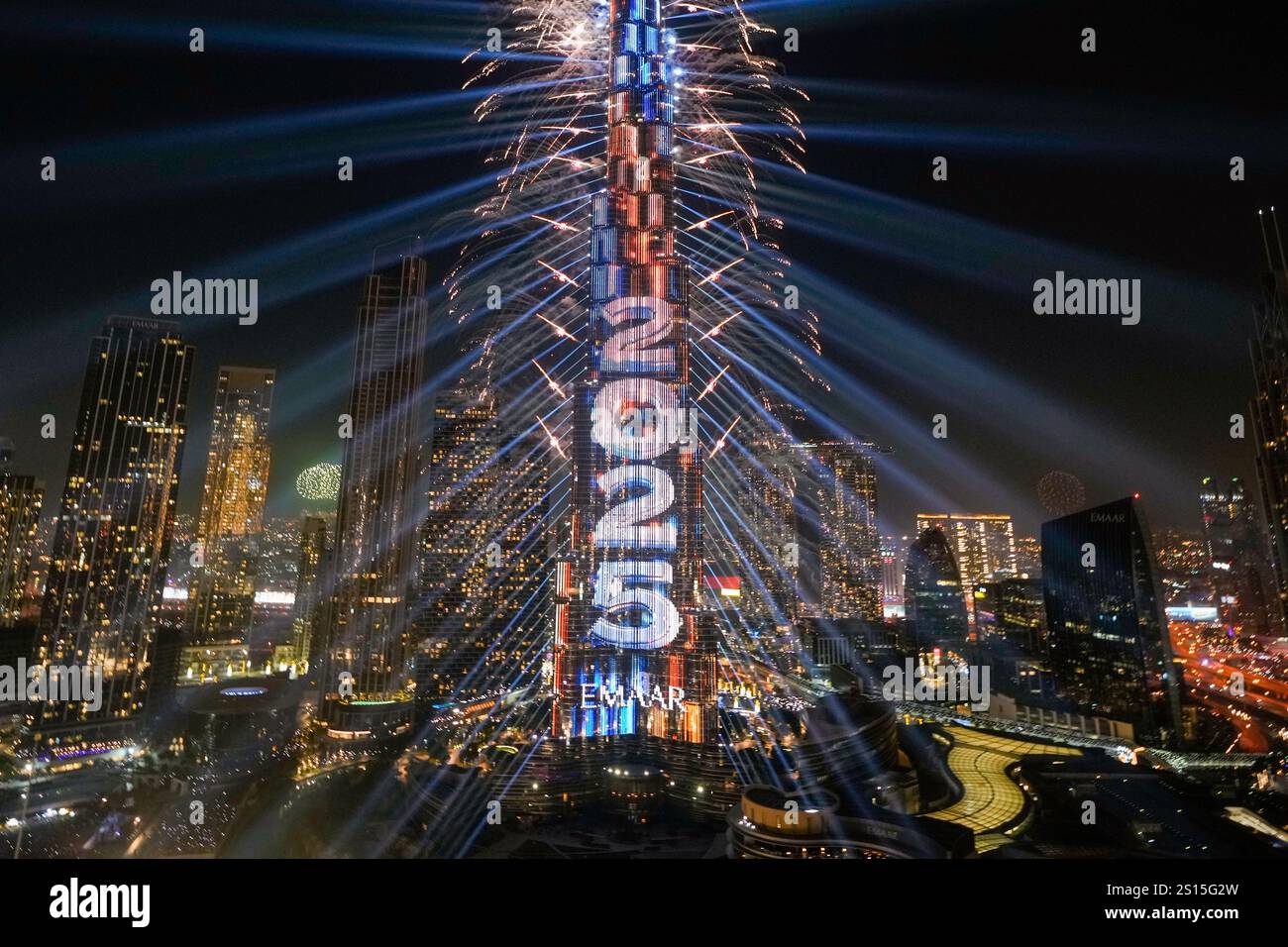Fireworks explode at the Burj Khalifa, the world's tallest building