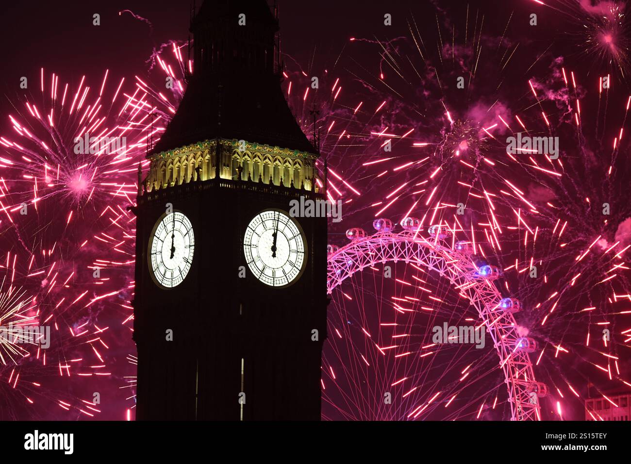 Fireworks light up the sky over Elizabeth Tower, also known as Big Ben