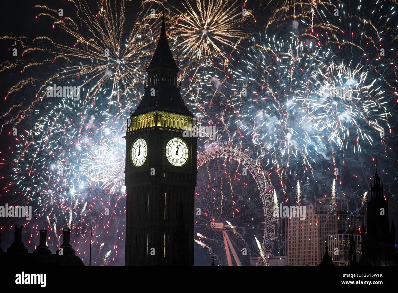 Fireworks light up the sky over Elizabeth Tower, also known as Big Ben