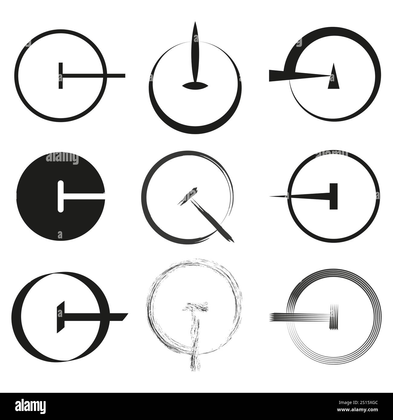 Clock icon set. Minimalist abstract design. Artistic circular symbols. Vector graphic elements. Stock Vector