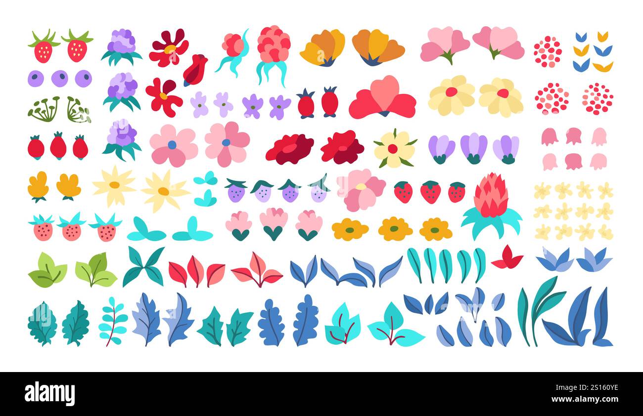 Flower leaf and berry simple cartoon rustic set. Hand drawn folk ...