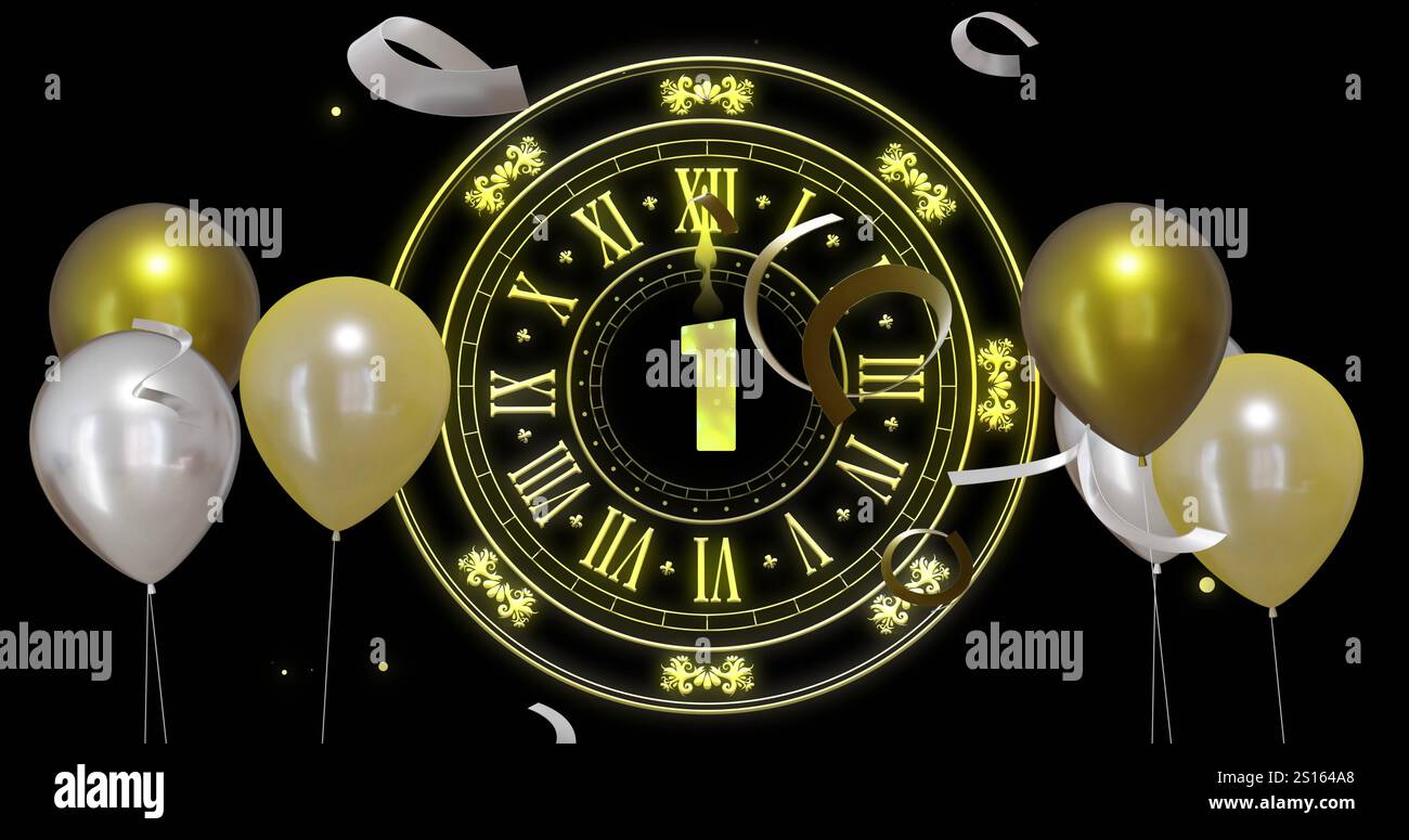 Image of clock showing midnight and gold and silver balloons on black ...