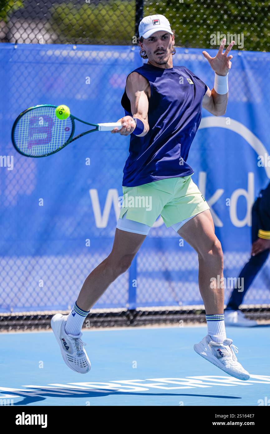 Canberra, Australia; 1st Jan 2025: Patrick Kypson of the USA is pictured during the Round of 16 of the 2025 Canberra International ATP Challenger 125 tournament in Canberra, Australia on 1 January 2025. (Photo Credit: Nick Strange/Fotonic/Alamy Live News) Stock Photo