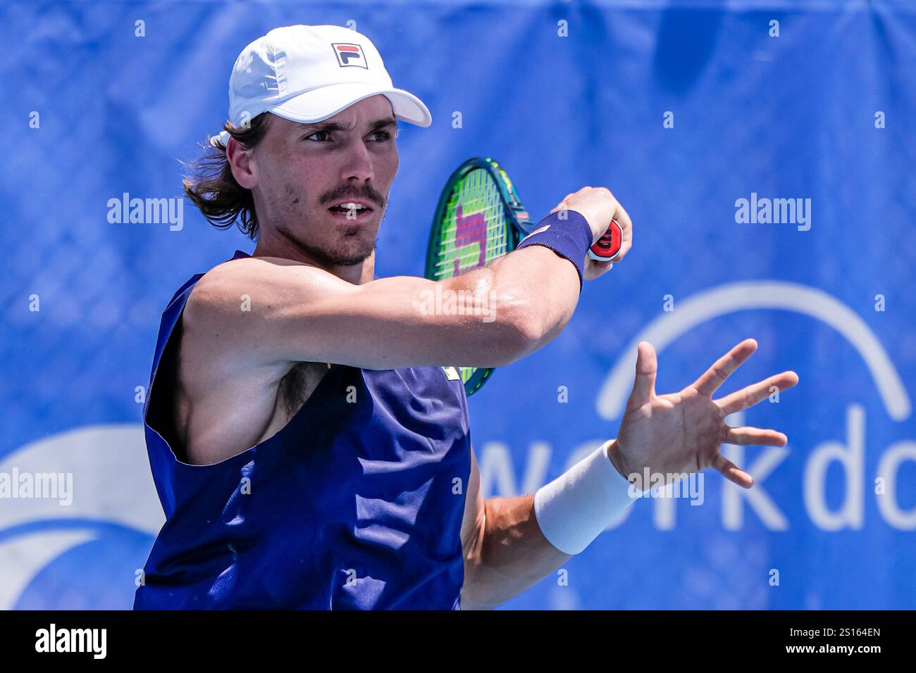 Canberra, Australia; 1st Jan 2025: Patrick Kypson of the USA is pictured during the Round of 16 of the 2025 Canberra International ATP Challenger 125 tournament in Canberra, Australia on 1 January 2025. (Photo Credit: Nick Strange/Fotonic/Alamy Live News) Stock Photo