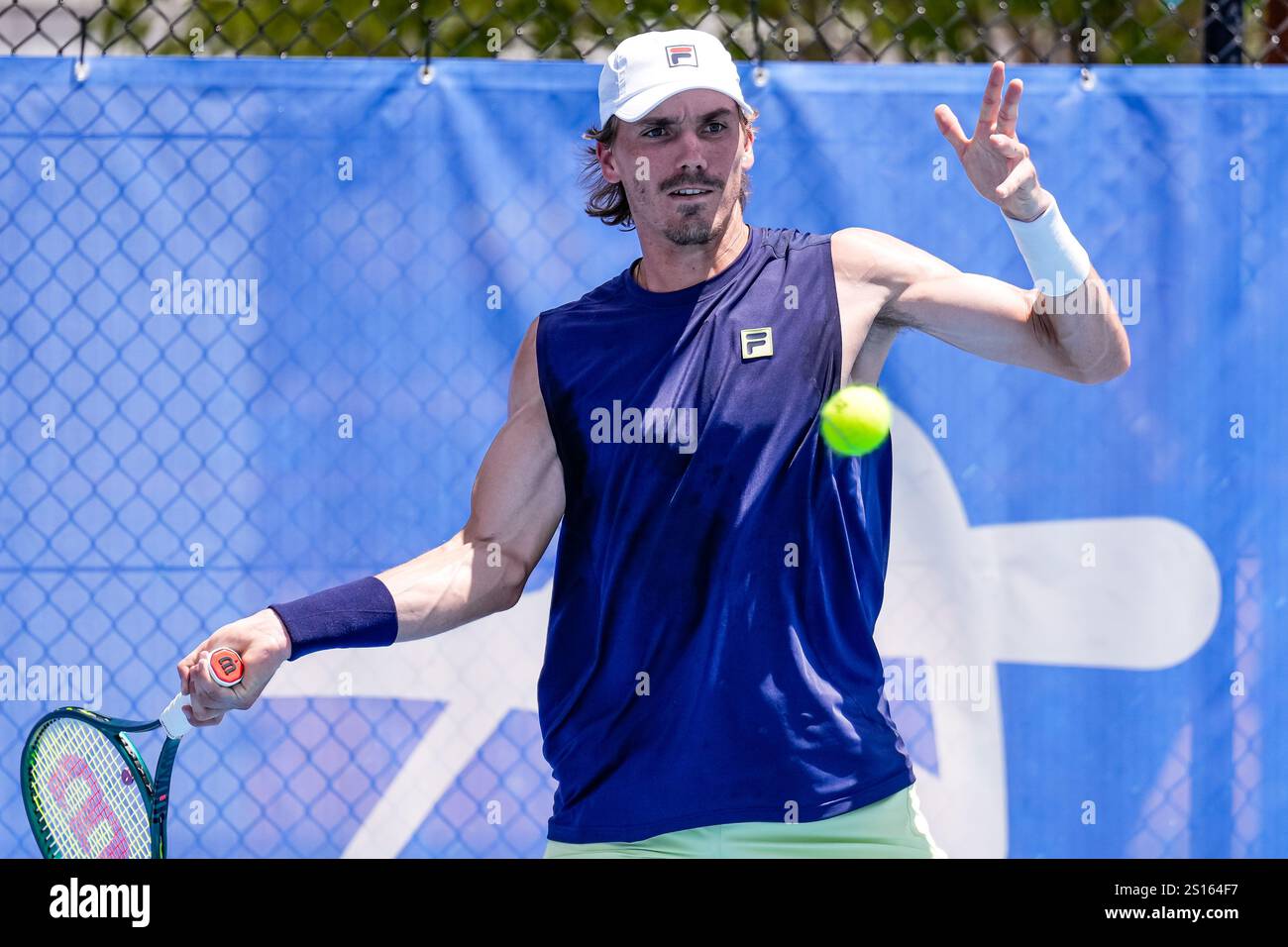 Canberra, Australia; 1st Jan 2025: Patrick Kypson of the USA is pictured during the Round of 16 of the 2025 Canberra International ATP Challenger 125 tournament in Canberra, Australia on 1 January 2025. (Photo Credit: Nick Strange/Fotonic/Alamy Live News) Stock Photo