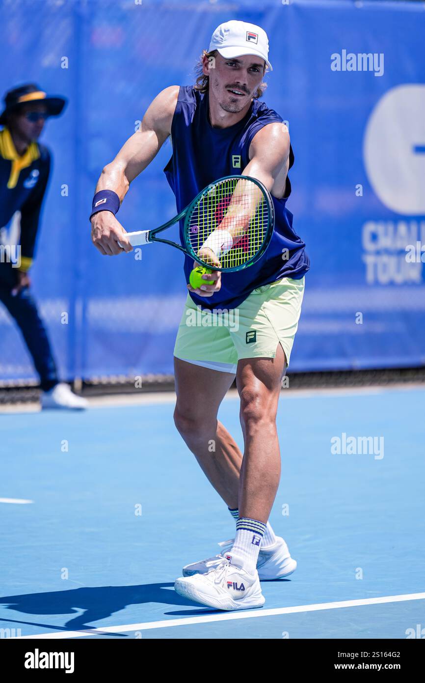 Canberra, Australia; 1st Jan 2025: Patrick Kypson of the USA is pictured during the Round of 16 of the 2025 Canberra International ATP Challenger 125 tournament in Canberra, Australia on 1 January 2025. (Photo Credit: Nick Strange/Fotonic/Alamy Live News) Stock Photo