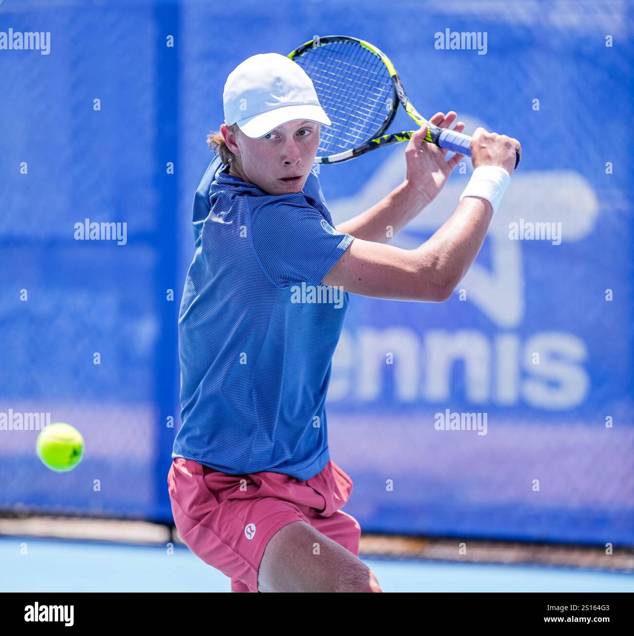 Canberra Australia 1st Jan 2025 Ethan Quinn Of The USA Is Pictured Canberra Australia 1st Jan 2025 Ethan Quinn Of The Usa Is Pictured During The Round Of 16 Of The 2025 Canberra Atp Challenger 125 Tournament In Canberra Australia On 1 January 2025 Photo Credit Nick Live News 2S164G3 