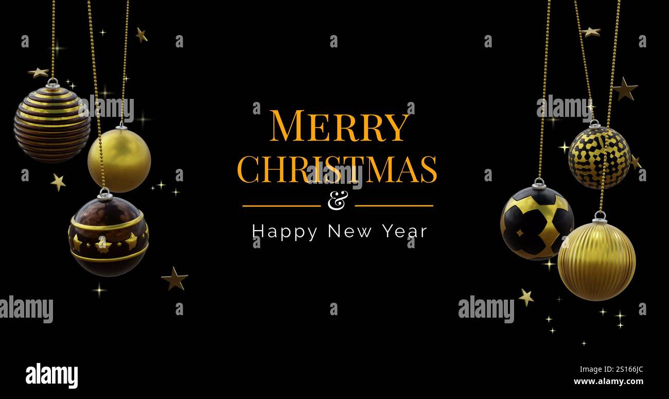 Merry christmas and happy new year text with black and gold baubles ...