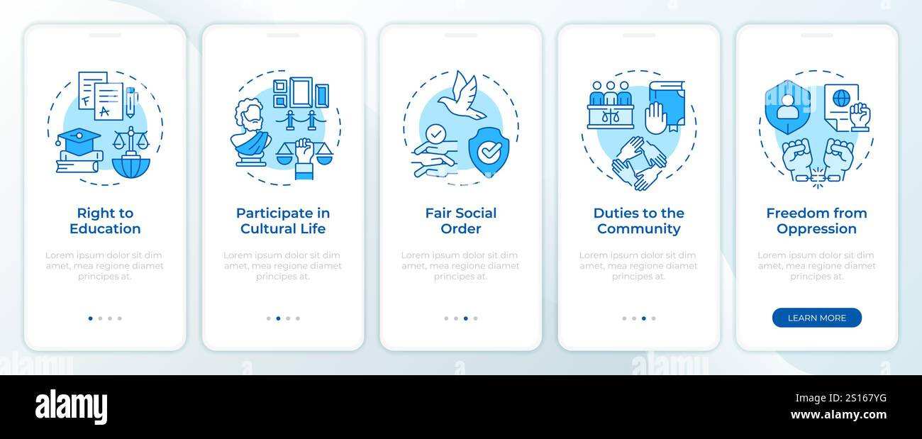 Social human rights blue onboarding mobile app screen Stock Vector