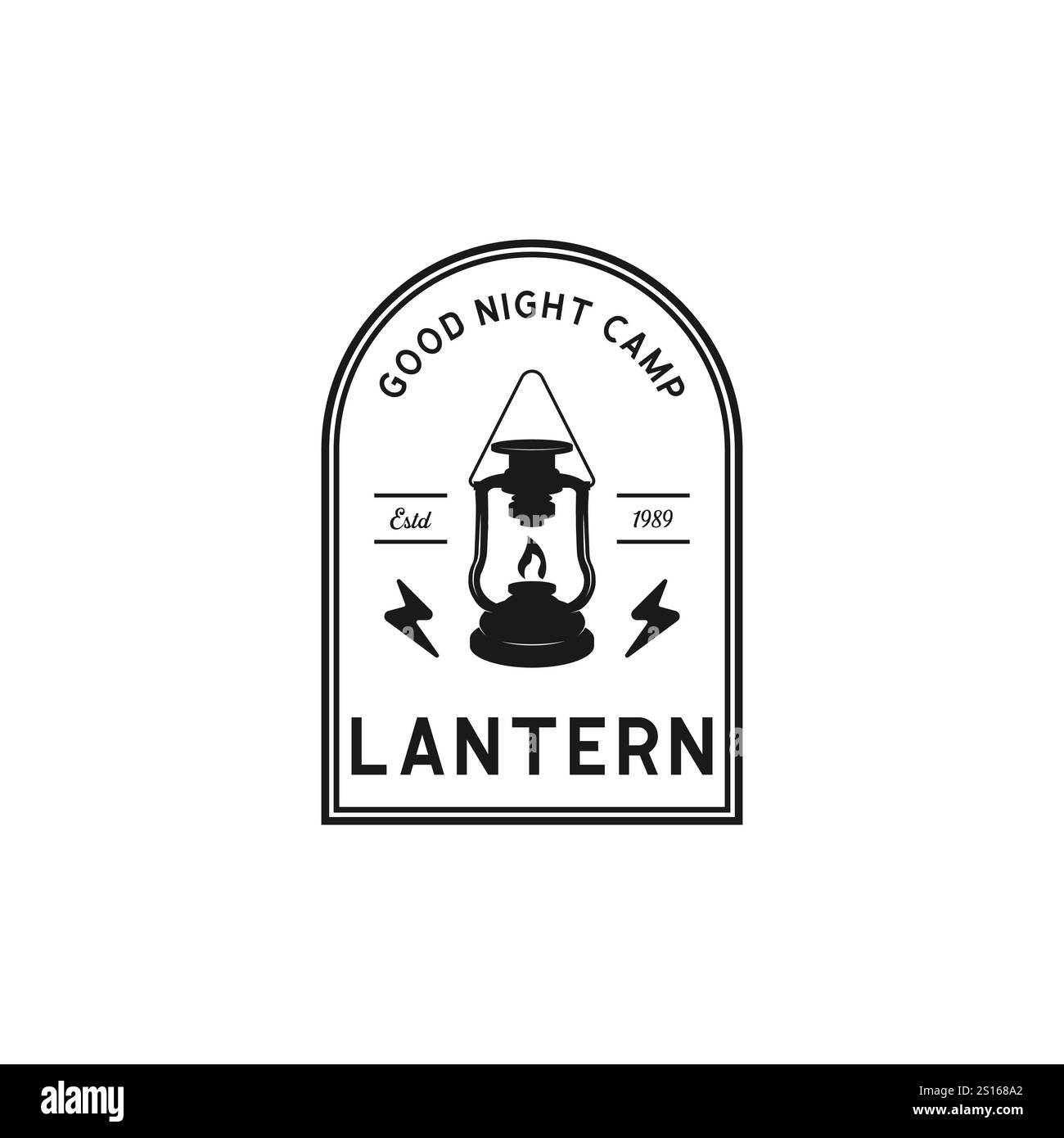 hand drawn camping logo with lantern Vintage emblem forest. Retro style