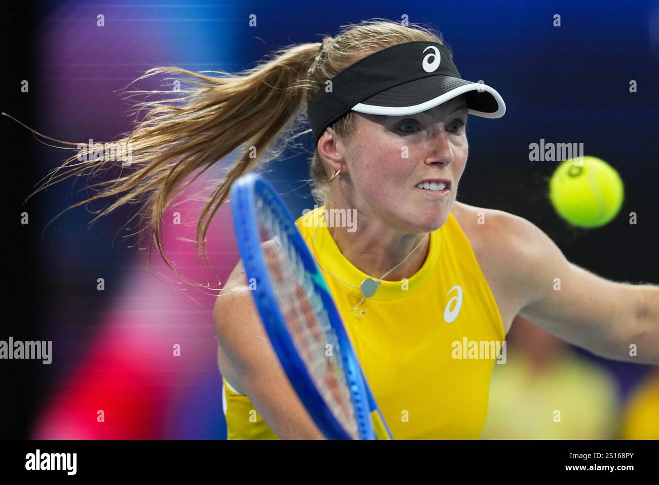 Australia's Olivia Gadecki plays a forehand return to Britain's Katie