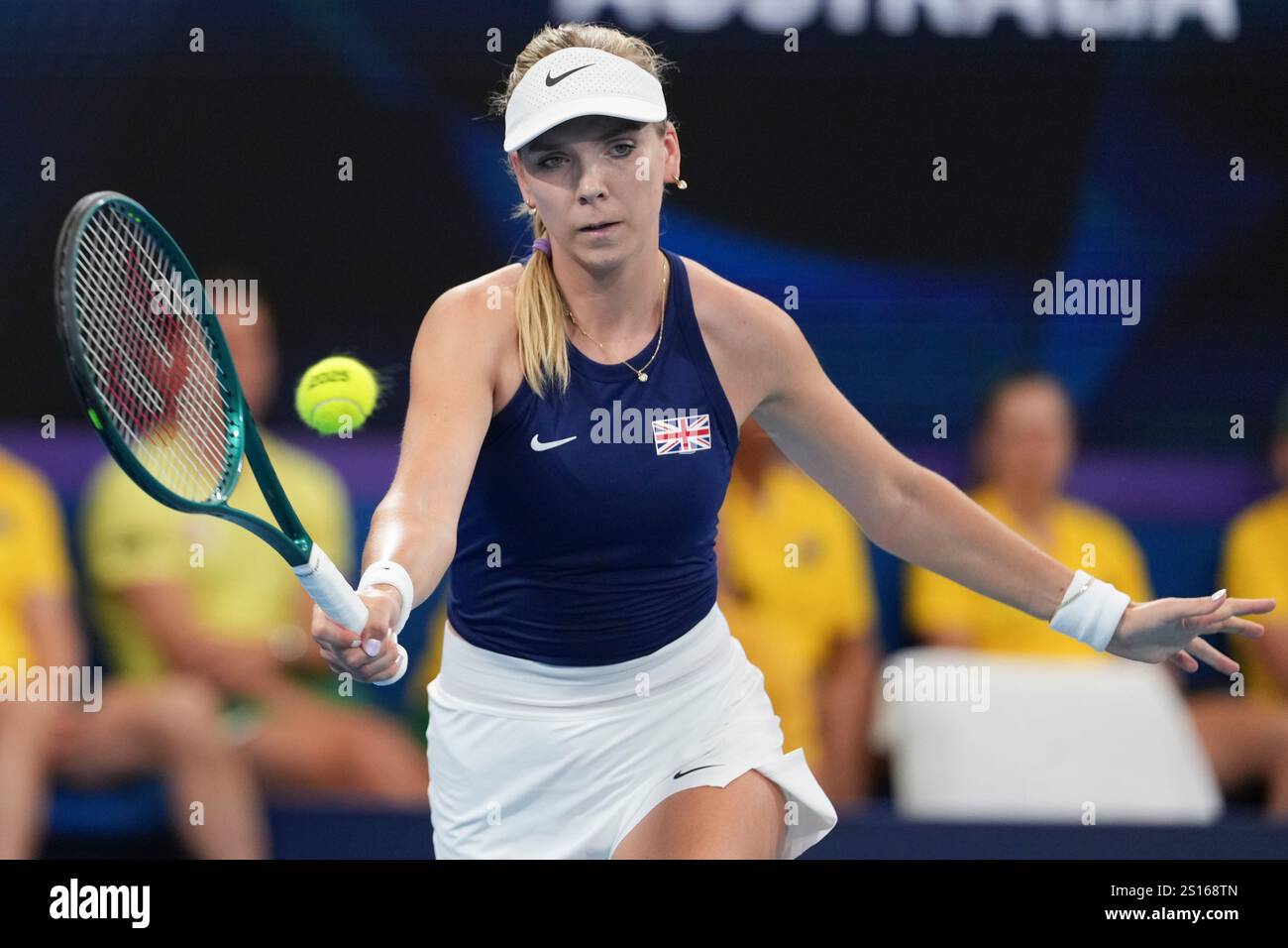 Britain's Katie Boulter plays a forehand return to Australia's Olivia