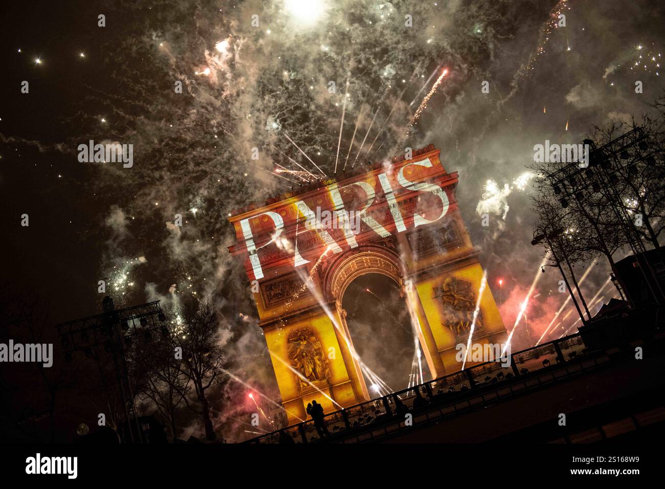 Fireworks and light show on the Arc de Triomphe for the 2025 New Year celebrations on the Champs