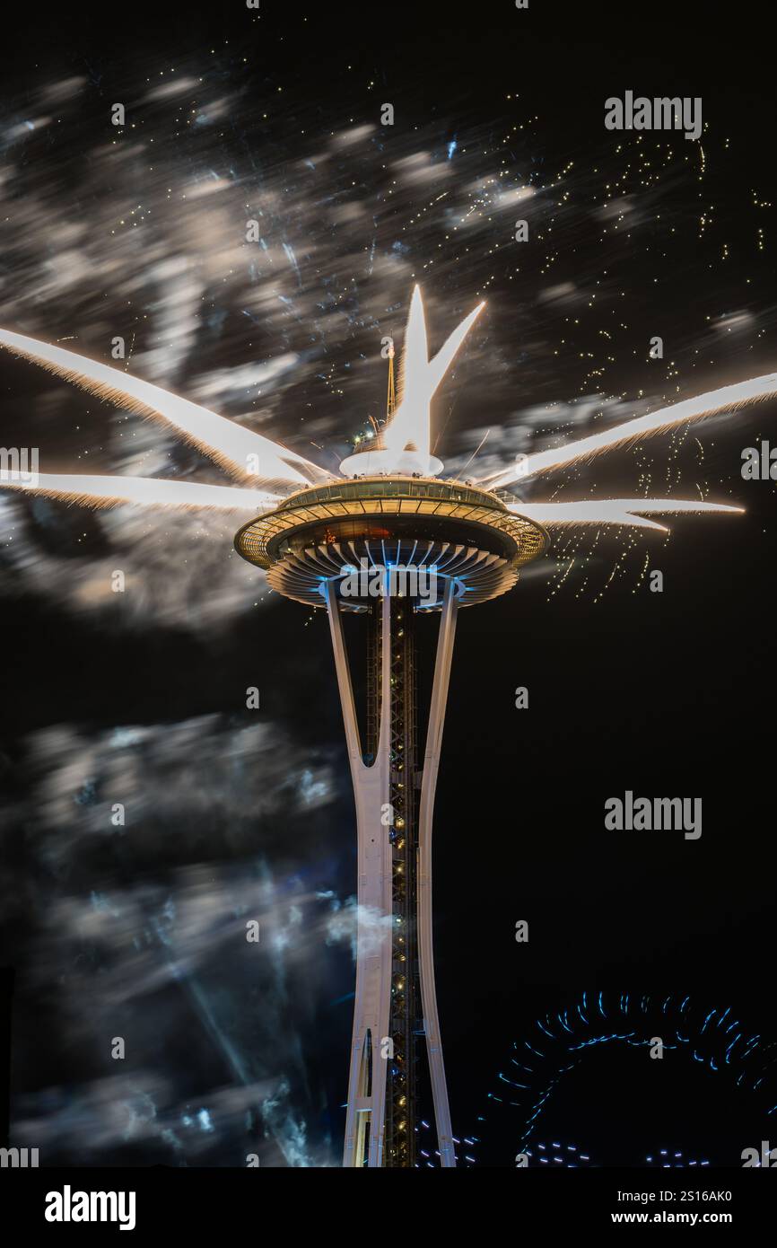 Seattle, USA. 1st Jan, 2025. New Years Eve fireworks at the iconic