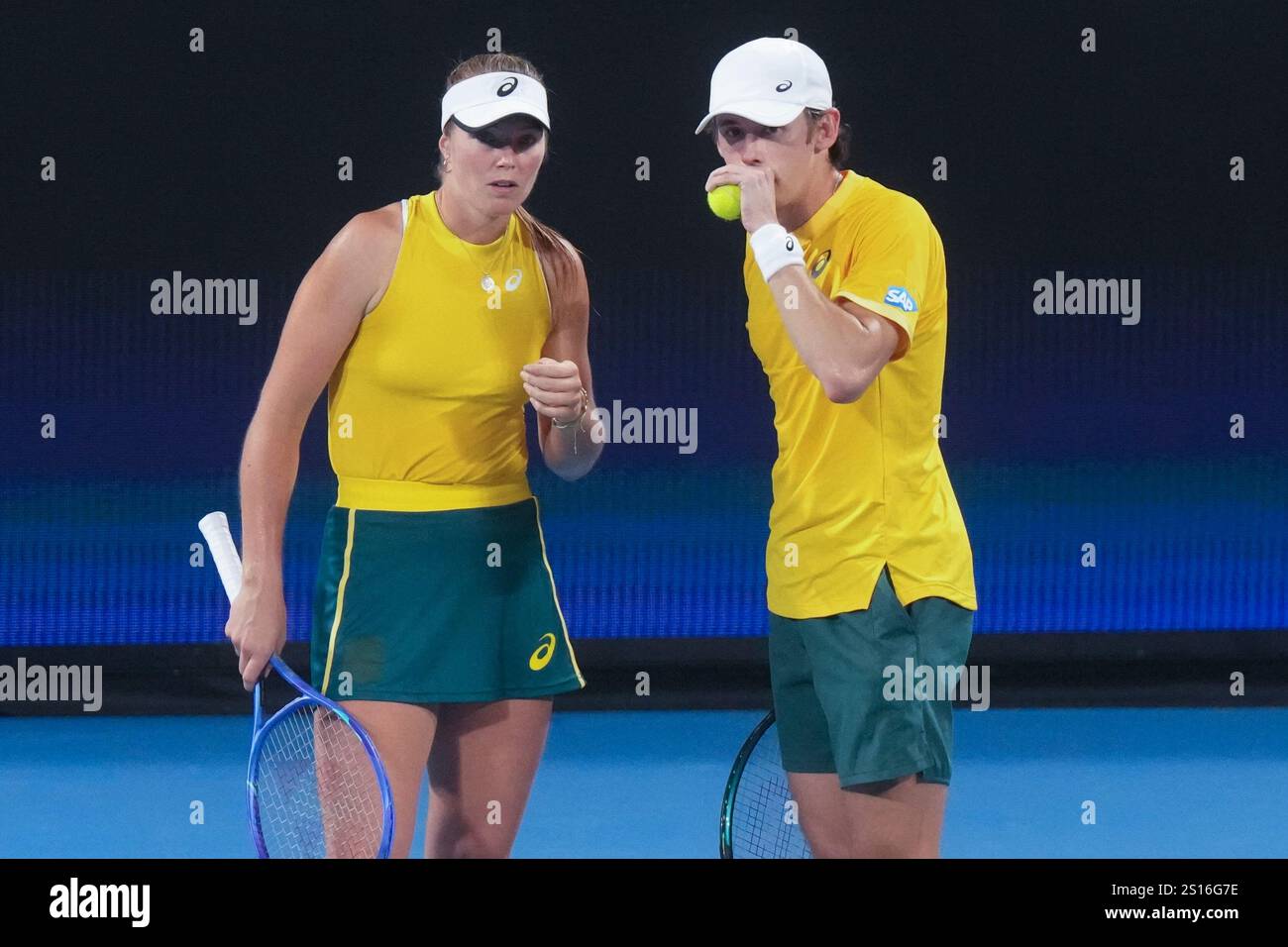 Australia's Alex de Minaur and Olivia Gadecki react during their mixed