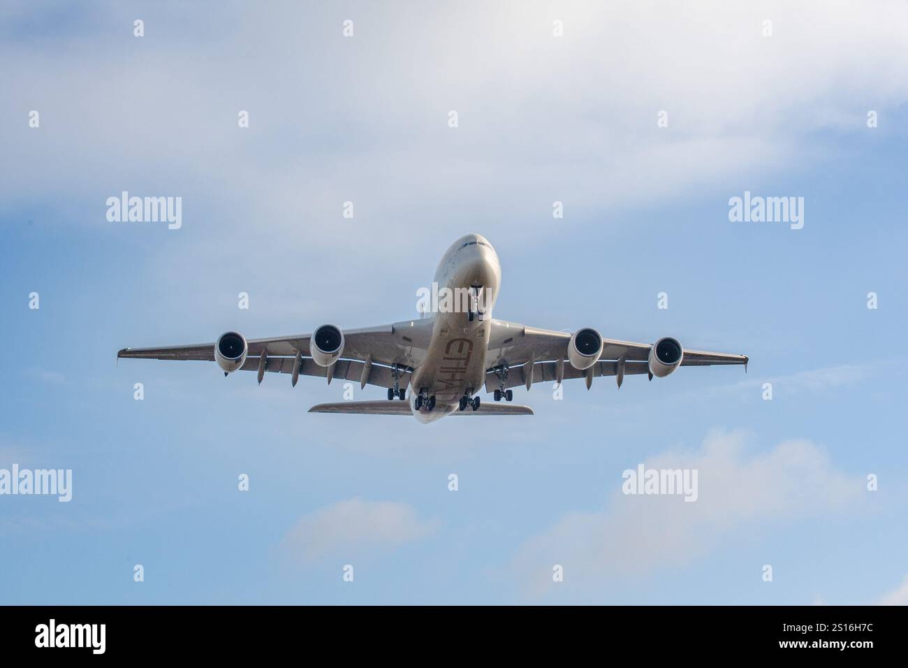 Etihad Airbus A380 landing runway 27R London Heathrow UK 26-01-2018 - Stock Image